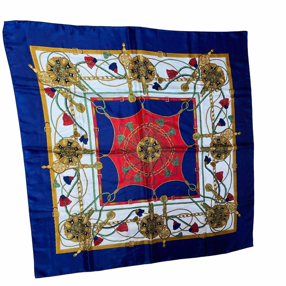 Vintage Unbranded Classic Gilded Gold Blue Red Square Scarf Headwrap